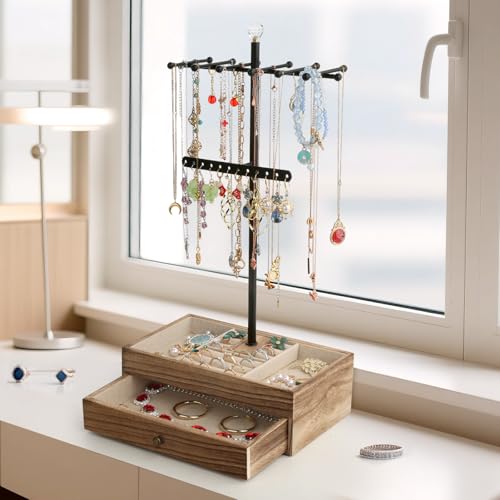 Meangood Jewelry Organizer Stand, 3-Tier Necklace Holder Jewelry Tree with Wooden Storage Drawer Box for Necklace Bracelet Earring Ring, Carbonized Black - color: Carbonized Black