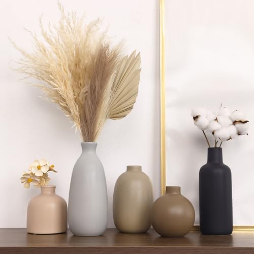 CUCUMI Ceramic Vase Set of 5, Home Decor Farmhouse Décor Handmade Pottery Vases for Pampas Grass, Dried Fresh Flowers, Table, Living Room, Kitchen, Shelf, Entryway Mantel Neutral Tones - color: 5 Pack-neutral Tones