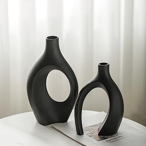 Lvases Snuggle Hollow Modern Ceramic Vase Set of 2, Mid Century Nordic Aesthetic Decorative Vase Decorative Vases for Home Table Decor (Matte Black W 6.8" X H 11") - color: Extra Large Matte Black