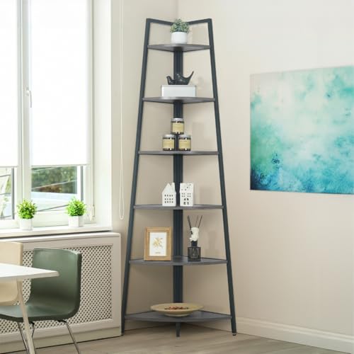 CAPHAUS Tall Corner Shelf Stand, 6-Tier Display Shelves, Ladder Corner Wood Storage Plant Bookshelf with Metal Frame, Versatile Shelving Unit Bookcase for Home Office Space, Dark Grey - color: Dark Grey, size: 6-Tier