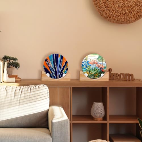 AceOrbit 2 Pcs 8 Inch Wood Adjustable Round Glass Display Stands Easel for Glass Art Creations Stained Photos Ceramic Tiles Plaques Collectibles Home Office Trade Show