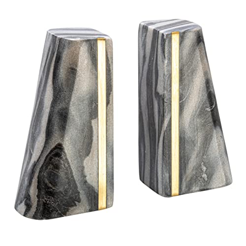 Main + Mesa Modern Marble Bookends with Brass Detail, Set of 2, Grey - color: Black