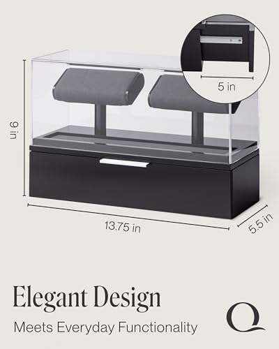 QWATCH Watch Stand Display Case - Acrylic Watch Box for 2 or 4 Watches with Jewelry Valet Tray and Drawer - color: Double - Black / Charcoal