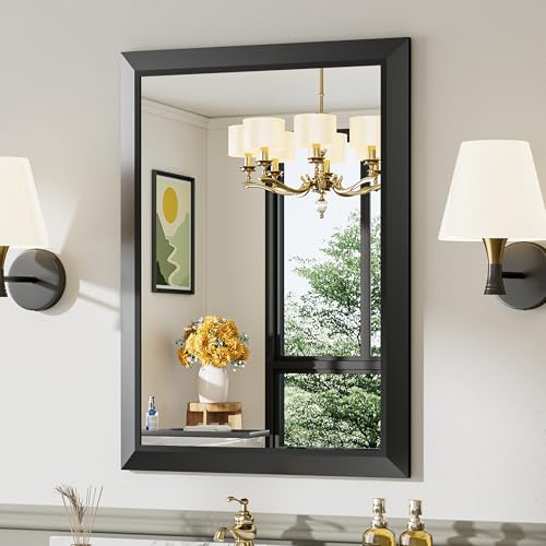 Briivue 24x32 Inch Black Bathroom Mirror for Wall, Thick Metal Framed Rectangle Mirrors for Over Sink, Bedroom, Living Room, Entryway, Anti-Rust, HD Tempered Glass - color: Black, size: 24"L x 32"W