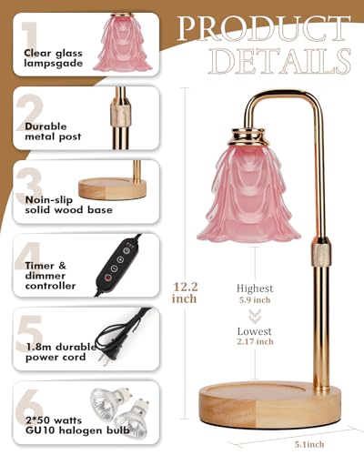 Small Candle Warmer Lamp with Timer, Adjustable Pink Flower Candle Heat Lamp, Unique Women's Gifts for Birthday, Dimmable Candles Heater, Fashion Wax Warming Light with Wood Base - color: A3-pink