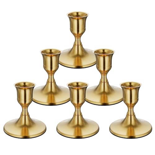 zeochyni 6PCS Brass Gold Taper Candle Holders, Vintage Metal Candlestick Holders for Dinner Room Table Centerpiece or Mantel Wedding Party Decor - color: Gold, size: Set of 6