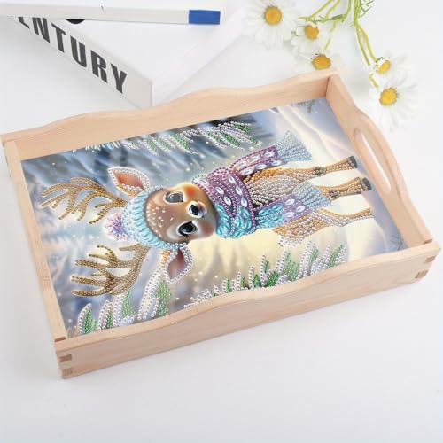 DIY Diamond Art Tray Wooden Pallet kits, Scarf Hat Pretty Deer 5D Cartoon Handle Craft Painting kit, suitable for home, party, bar, Christmas, also can be used as a gift for relatives and friends - color: Fawn