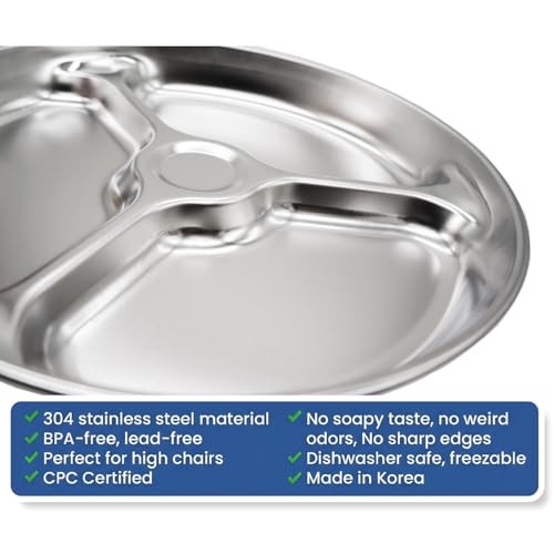 Korean Stainless Steel Divided Plates for Toddlers, Kids, Babies, 8-Inch, Premium 304, Electro-Polished, No Black Residue, BPA-Free, Round 3-Compartment Food Tray, Camping, Diet Control, Set of 2 - size: 3 Compartments (Round)