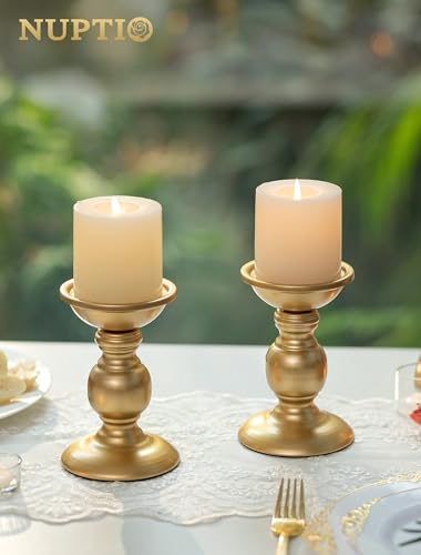 Set of 2 Gold Metal Pillar Candle Holders for 3 inches Dia Candle, Wedding Centerpieces Candlestick Holders Stand Centerpiece Decoration Ideal for Weddings, Special Events, Parties - size: 2 x S