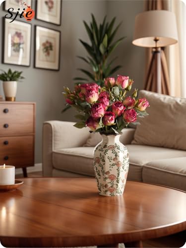 Vintage Ceramic Vase - 9 Inch Hand-Painted Roses with Ice Crackle Glaze Finish, American Farmhouse Style Pitcher Vase for Home Decor, Centerpiece, Shelf, Table, Office, Rustic Wedding Gift - color: Beige and Red-003