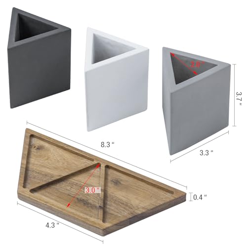 MyGift Modern Concrete Desk Organizer Set with 3 Triangular Gray-Tone Pen Holders and Acacia Wood Tray, 4-Piece Office Storage Solution for Pens, Pencils, and Supplies - color: Wood
