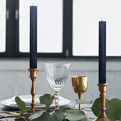 DEYBBY Natural Beeswax Taper Candles,Honeycomb Design Hand-Rolled Beeswax Candles, Dripless and Smokeless, Set of 6 Flat Top (Blue) - color: Dark Blue, size: 6 Pack
