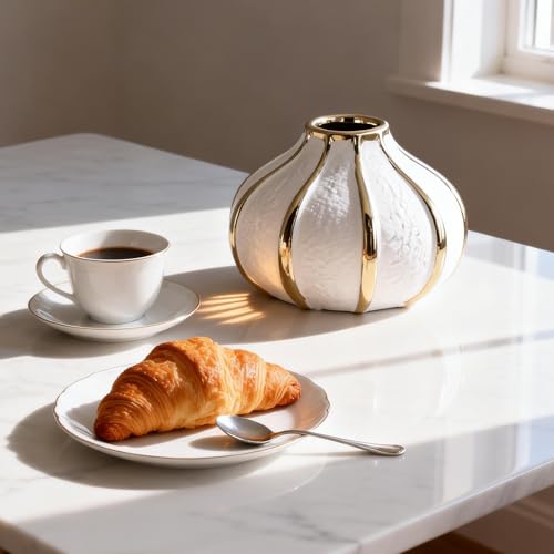 White Gold Home Decor Vase, Round White Bud Ceramic Vase for Flowers, Luxury Home Decoration, Dining Table Centerpiece (E-White)