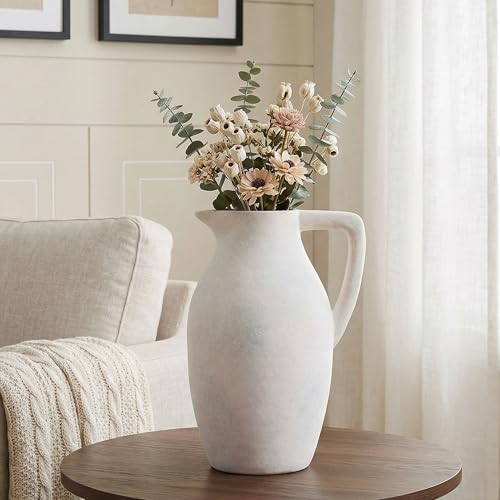 Ceramic Vase with Handle, 9.65 inch Tall Flower Vase Large Floor Vases Home Decor Coffee Table Decor for Living Room Bathroom Farmhouse Modern Boho Centerpieces Bookshelf Kitchen (White) - color: D-9.65"h-white