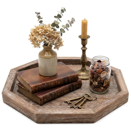 Large Wood Trays Home Decor Farmhouse Candle Holder Plate for Coffee Table Rustic Wooden Decorative Tray Vintage Table Centerpiece for Living Room Kitchen Counter Decor and Bathroom Accessories Trays - color: Octagon, size: 12"