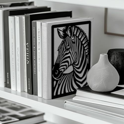 Peacoblue Metal Bookends for Shelves, Modern Decorative Heavy Duty Study Book Ends Stoppers for Office, Desk, Shelf, Room 5.3"x4.3"x7.9" Cast Iron Simple Tall Bookends 1 Pair (Zebra) - style: Zebra