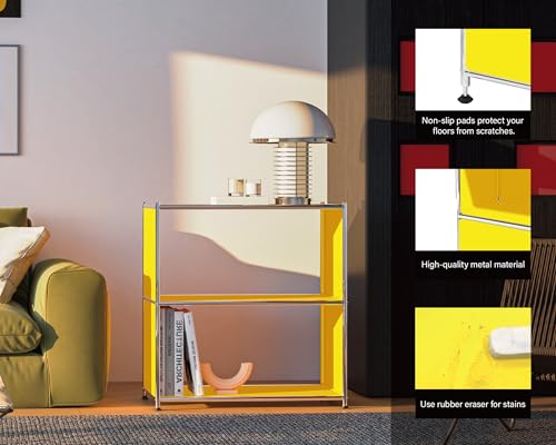 32-Inch 2-Tier Metal Bookcase, Open Shelf Storage Organizer for Living Room, Bedroom, Side Table or Nightstand Use, Modern DIY Assembly (Matt Yellow) - color: Matt Yellow