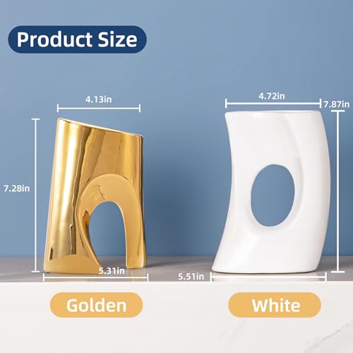 Gold and White Vases Set of 2, Ceramic Flower vase for Pampas Grass, Modern Gold Vases Home Decor, Snuggle Hollow Boho vase Table Centerpieces - color: Gold Cylinder