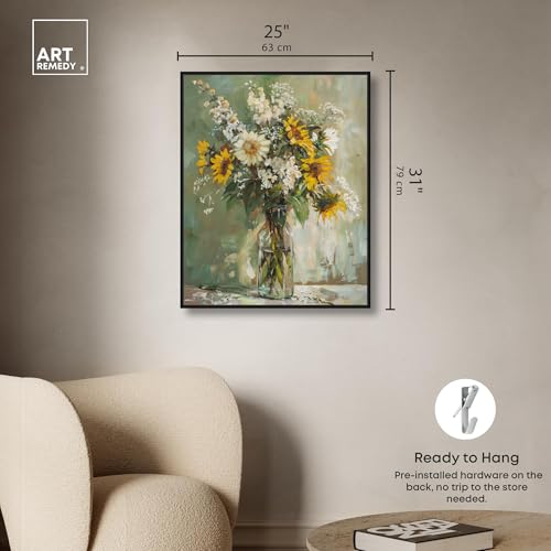 Art Remedy Sunflowers In A Glass Vase Canvas Vintage Farmhouse Wall Art, Black Frame, 24" x 30" - color: Black Frame, size: 31"L x 25"W