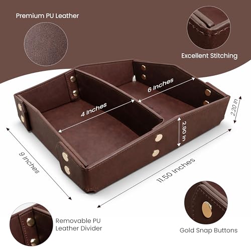 Valet Tray Organizer for Men & Women - PU Leather Catch All Tray with Removable Divider - EDC Storage for Keys, Watch, Phone - Nightstand, Dresser & Desk Organizer - Midnight Espresso - color: Midnight Espresso