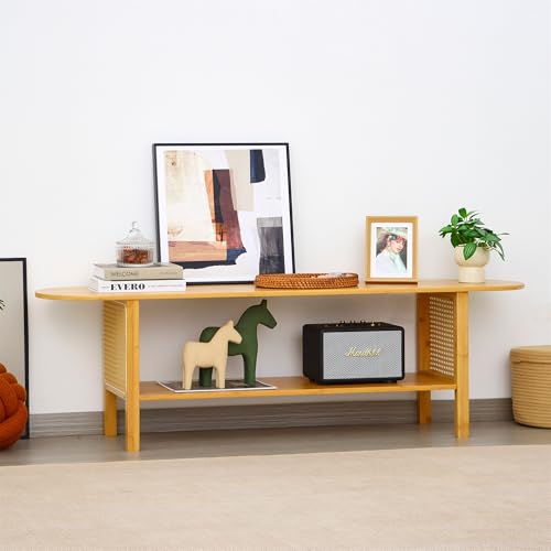 Bamboo TV Stand for TVs up to 65", Accent Entertainment Center with Storage, Media Console Table with Rattan, Modern TV Stand for Living Room, Bedroom, 55"(L), Burlywood - color: Burlywood Rattan