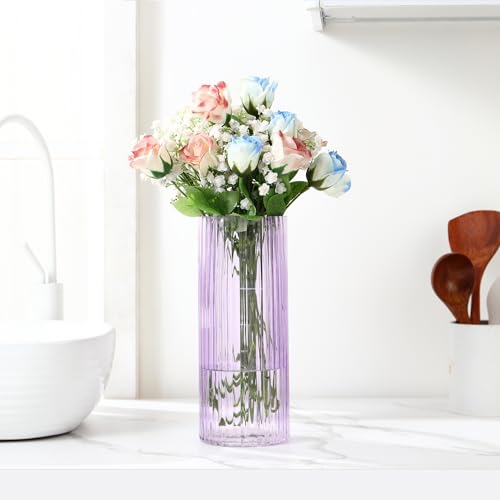 Purple Glass Vase for Flowers, Ribbed Glass Vase for Tulips, Modern Purple Vases, Tall Cylinder Glass Vases for Living Room, Bedroom, Dining Table, Office, Wedding, Bookshelf, 12 Inches - color: Purple, size: 12''