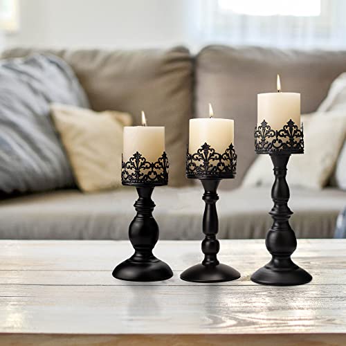 Vintage Pillar Candle Holders for Table Centerpiece Set of 3-11'' 9'' 8'' - Matte Black Metal Candle Stands Decorative - Candle Centerpiece for Table Fireplace Decor - Gothic Candle Holder - color: Matte Black