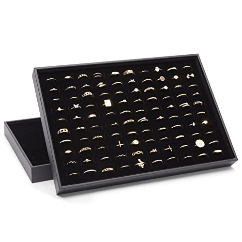 Juvale Ring Display Tray - Velvet Protection & Jewelry Display - Removable Pad & Earring Storage - Stackable Jewelry Trays & Glasses Holder for Nightstand - Pack of 2, 13.8 x 9.5 x 1.3 in, Black