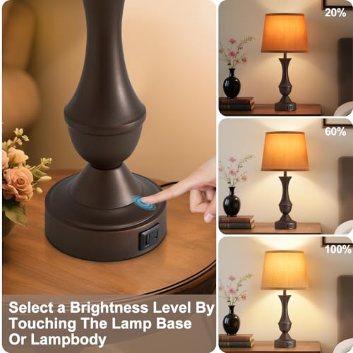 Luvkczc 22" Table Lamp Set of 2 - Farmhouse Vintage Brown Bedside Lamp with Brown Fabric Shade, Dimmable, USB C+A Ports, Nightstand Lamp for Living Room Bedroom (Bulb Included) - color: Brown,Brown, size: 22in