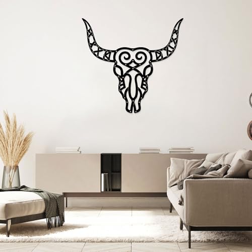GlintHome Western Decor - Large Black Metal Wall Art Southwestern Living Room Decor Cow Skull Rustic Artwork for Bedroom Offcie Country Room Decor - color: Black-4, size: Large