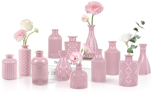 TBWIND Blush Pink Glass Bud Vase Set of 12 – Mini Vintage Vases for Flowers, Centerpieces, Wedding & Home Décor - color: Pink-12pcs