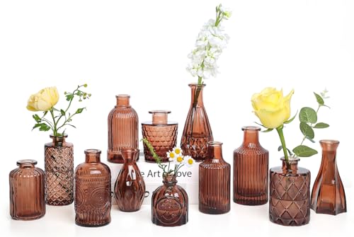 TBWIND 12-Piece Glass Bud Vase Set – Small Caramel Coffee Brown Etched Glass Vases with Unique Shapes and Weighted Base for Windowsills, Bathrooms, and Table Centerpiece Décor - color: Caramel Brown-12pcs