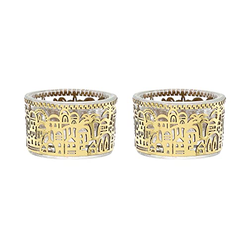 Yair Emanuel Tea Light Candle Holders for Shabbat | Shabbos Candlestick Holders | Glass with Metal Decoration (Jerusalem Gold CSX-4) - color: Jerusalem Gold Csx-4