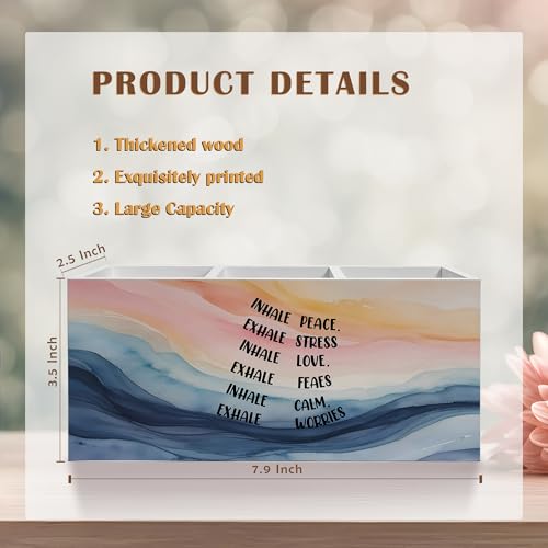 Abstract Mental Health Pencil Pen Holder for Desk, Inhale Peace Exhale Stress Wooden Pencil Holder Organizer for Therapy Office Desk Accessories, School Counselor Office Must Haves - color: Color-Desk accessories white 08
