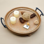 Wooden Decorative Tray for Coffee Table, Round Wood Serving Tray with Metal Handles, 13 Inch Rustic Wood Trays for Tale Centerpiece, Home Kitchen Farmhouse Decor