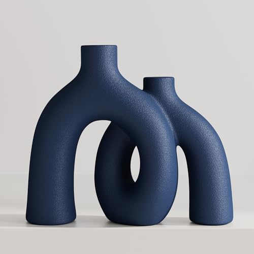 Hug Donut Decorative Vase Set - Navy Blue Vase, Modern Coastal Style Vases Home Decor, Matte Ceramic Decorations for Living Room Shelf, Bookshelf Mantle Entryway Table or Console Décor (Navy Blue) - color: Navy Blue