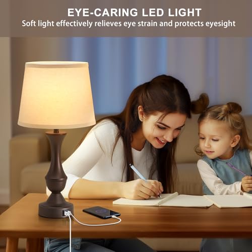 Luvkczc 22" Table Lamp Set of 2 - Vintage Brown Bedside Lamp with Beige Fabric Shade, Dimmable, USB C+A Ports, Nightstand Lamp for Living Room Bedroom (Bulb Included) - color: Brown,Beige, size: 22in