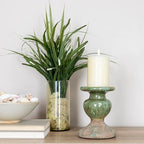 Creative Co-Op 2-Tone Sculptural Terracotta Pillar Candle Holder, Distressed Green - color: Green, size: 5.5" W x 6.5" H