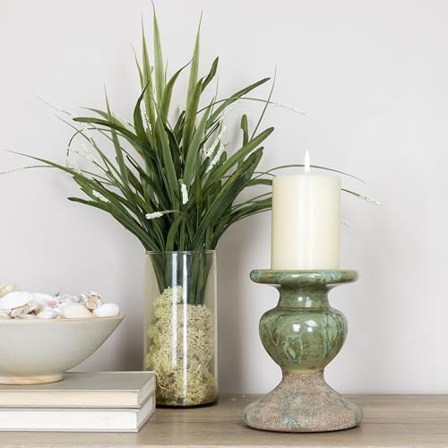Creative Co-Op 2-Tone Sculptural Terracotta Pillar Candle Holder, Distressed Green - color: Green, size: 5.5" W x 6.5" H
