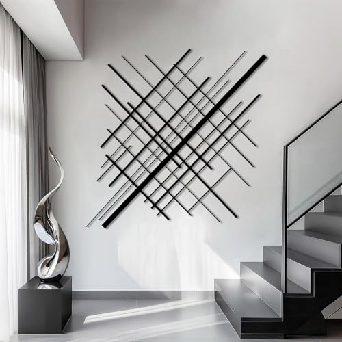 Metal Geometric Overlapping Lines Wall Art, Metal Lines Wall Decor, Minimalist Line Art, Abstract Line Wall Decor, Modern Geometric Decorations for Living Room (Black, 19"x19"/47x47cm) - color: Black, size: 19"L x 19"W