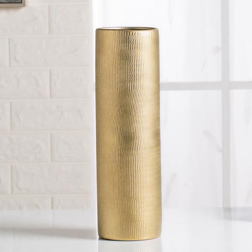 Gold Cylinder Ceramic Vintage Vase - 13.4" Tall Decorative Texture Modern Vase for Home Decor, Rustic Farmhouse Boho Vases for Living Room, Dining Room - style: Gold Texture Cylinder