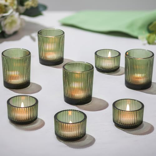Hewory Glass Tealight Candle Holder: 8 Pcs Dark Green Votive Tea Lights Candle Holder, Ribbed Tea Light Holders Fall Decorations for Thanksgiving Table Centerpiece Wedding Party Home Decor - color: Dark Green, size: 8PCS