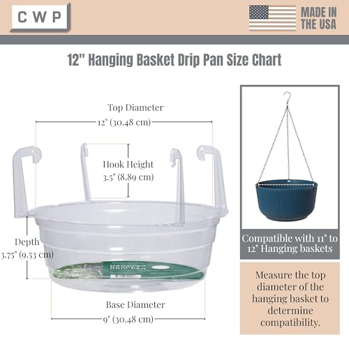 Curtis Wagner Plastics Hanging Basket Drip Pans (5-Pack) | Clear, Round (Diameter = 9" Base, 12" Top, 3.75" Depth) Hanging Plant Tray Saucer with Built-in Hooks & Water Catcher for Indoor & Outdoor - color: Hanging, size: 12"