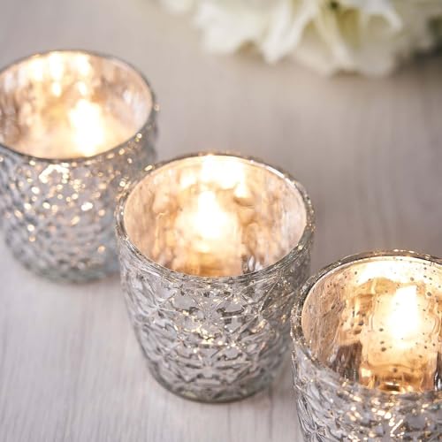 Efavormart 6 Pack | 3" Silver Mercury Glass Candle Holders, Votive Tealight Holders - Assorted Geometric Designs - color: Silver Mercury Assorted Geometric, size: 3 inches