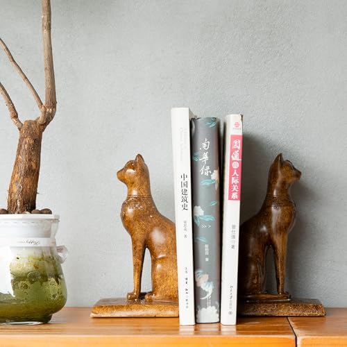 Book Ends Retro Cat Decorative Bookends, Vintage Antique Heavy Duty Egyptian Cat Hold Books Collectors, Black Decor for Office/Shelves/Living Room Father (Wood Grain) - color: Wood Grain