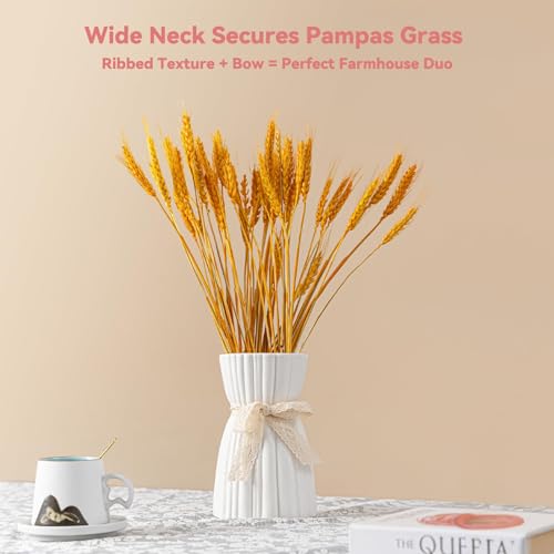 White Ceramic Vase with Lace Bow & Ribbed Texture - 7.7" Unique Flower Vase for Pampas Grass & Centerpieces, Farmhouse/Boho Decorative Vase for Living Room, Office Desk & Gift for Her/Yourself - color: Lace Bow Vase
