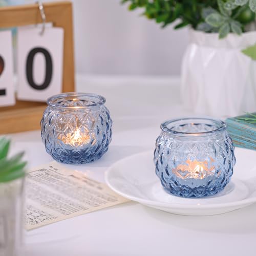 Generic DARJEN 12Pcs Blue Votive Candle Holders - Round Glass Candle Holders Bulk for Tea Light Candle, Diamond Texture Candle Votives for Wedding Centerpiece, Party & Home Decor