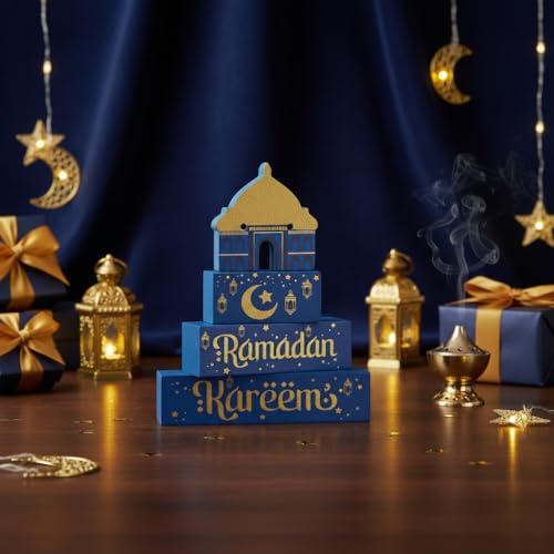 Smile Ramadan Eid Mubarak Wooden Decor, Islamic Ramadan Muslim Party Tiered Tray Tabletop Home Decorations - style: Ramadan