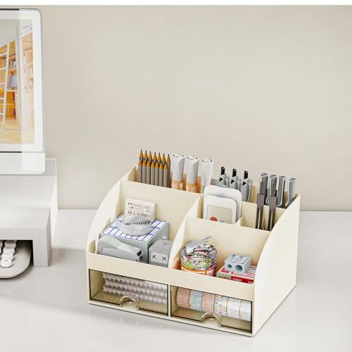 COMFYROOM Desk Organizer with 6 Compartments and 2 Drawers, Plastic Makeup Organizer, Pen Holder for Desktop Storage, Desk Organization for School, Home, Office Supplies (Ivory) - color: Ivory