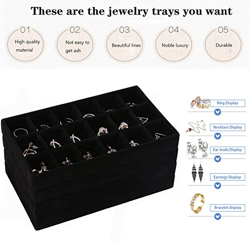 Stackable Jewelry Organizer Trays for Drawer, Set of 4 Velvet Jewelry Drawer Inserts in Dresser, 8in Storage Display Case for Rings Stud Necklaces Accessories(Black) - color: Black